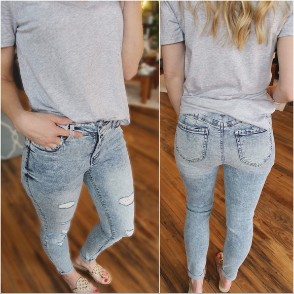 Distressed Ankle Slim Fit Acid Wash Jeans - Picture 3 of 5